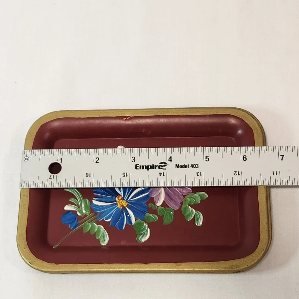 4 Vintage Hand Painted Floral Metal Trinket Tray Green Red Gold Folk‎ Art Trays